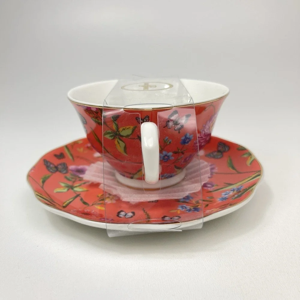 Grace Teaware Orange Floral Butterfly Teacup Saucer Set Gold Rim‎ Fine Porcelain